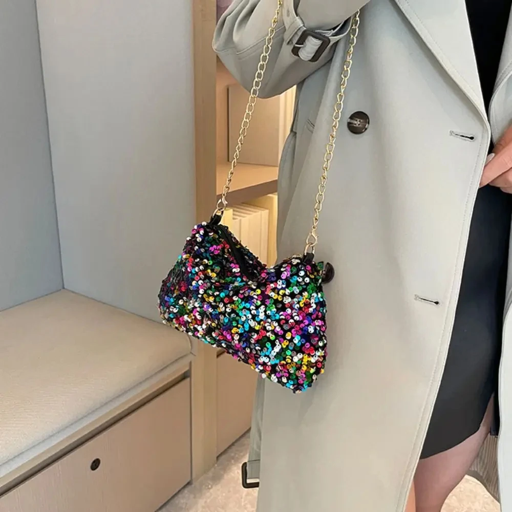 Einfarbige Umhängetasche mit Pailletten, einfache INS-Kette, Pailletten, Umhängetasche, Tasche, Handytasche, kleine quadratische Tasche, Dinner-Party – Detail 21