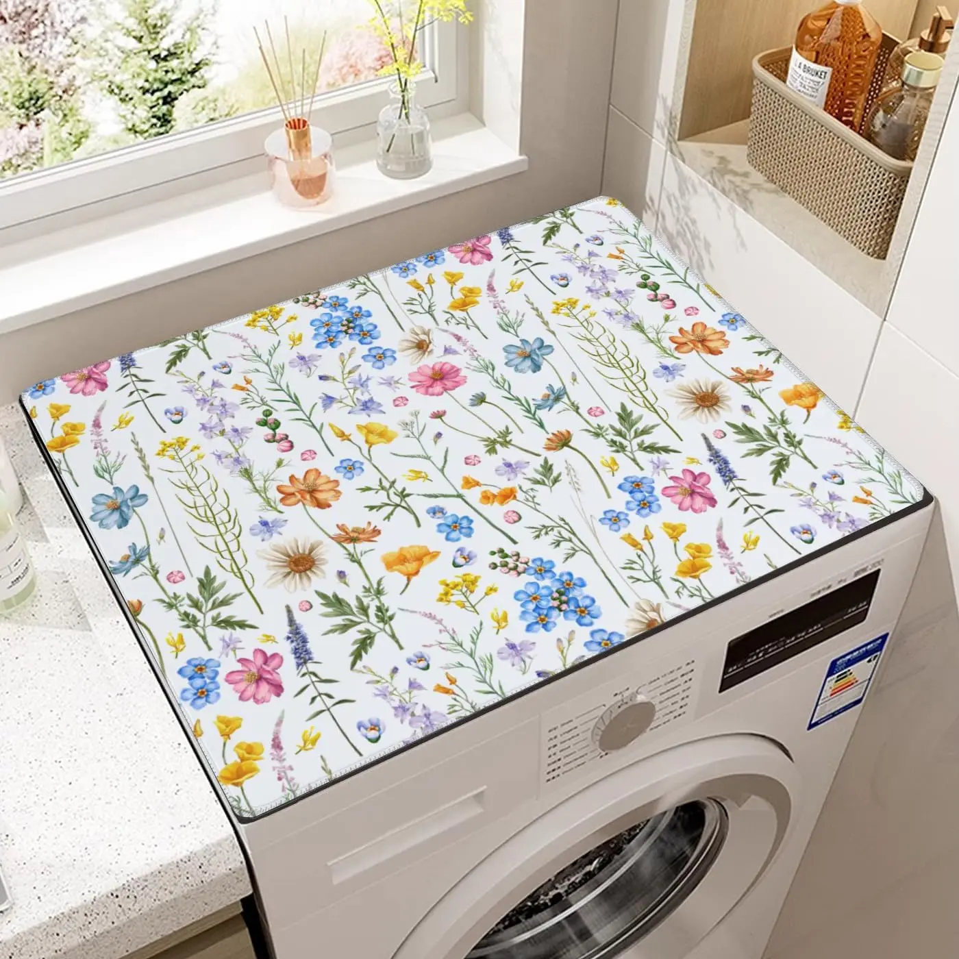 

Floral Washing Machine Dust Cover Pad, Non-slip Washer and Dryer Covers for The Top, Protector Mat for Washer Dryer Floral Home