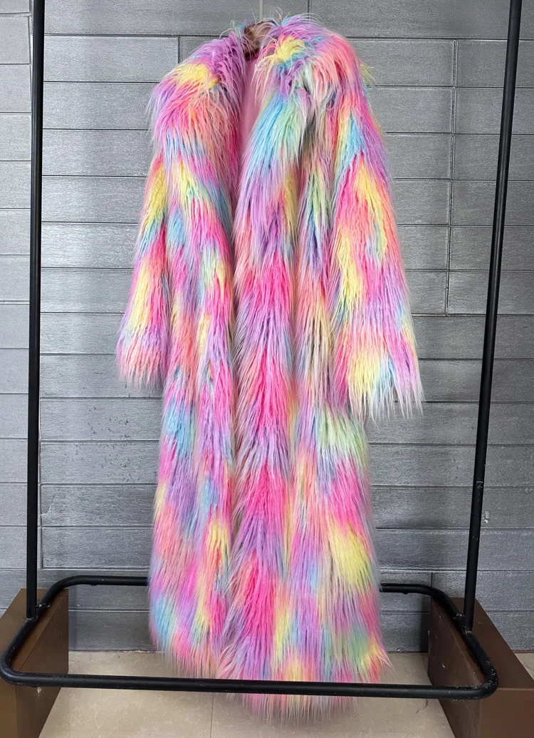 DEAT 2026 Winter New Items Imitation Colorful Long Coat For Women Faux Fur Suit Collar Long Sleeve Trench Jacket Female 11A05577