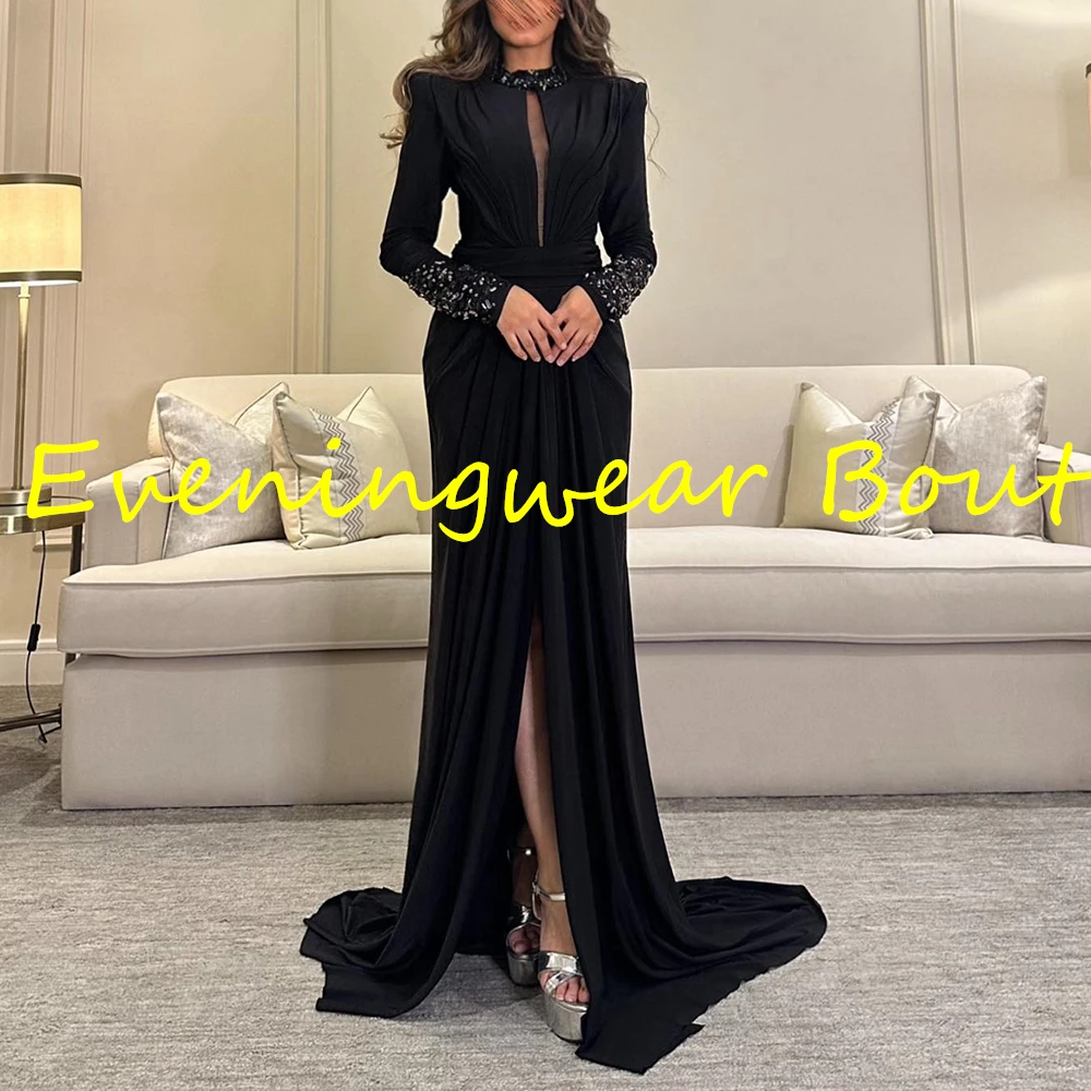 Customized Fashion Straight Floor Length High Collar Long Sleeves Crystal Evening Dress Elegant Photo Color vestidos para mujer