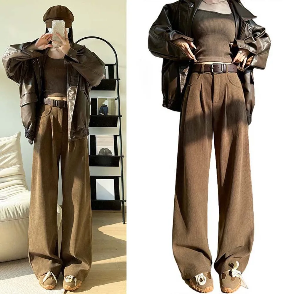 

Soft Baggy Korean Long Pants Straight Leg High Waist Wide Leg Trousers Ins Style Casual Coffee Suit Pants Spring and Autumn