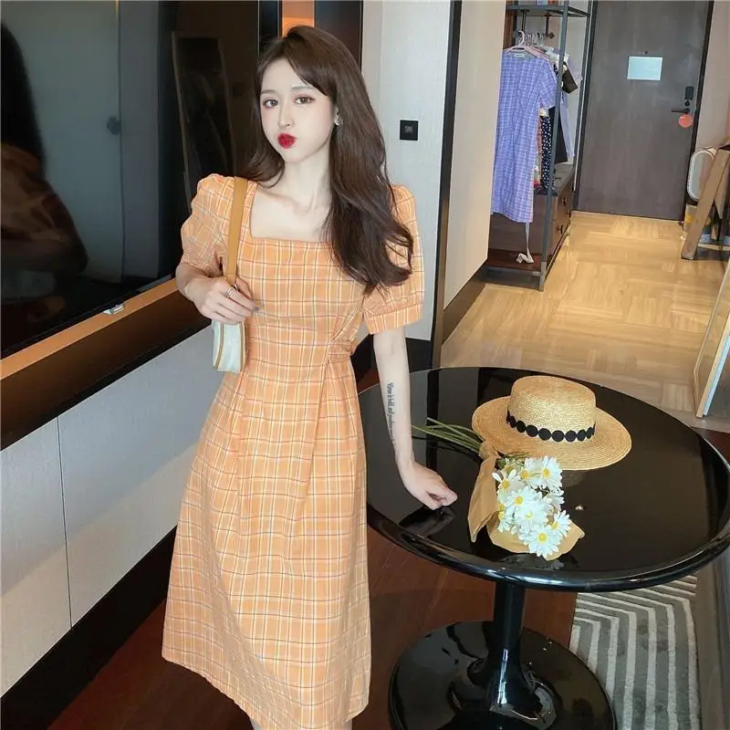 

Summer Women 2023 Elegant Plaid Short Sleeve Dress Sweet Bandage Dresses Cottagecore Korean Fashion Long Dress Kawaii Streetwear