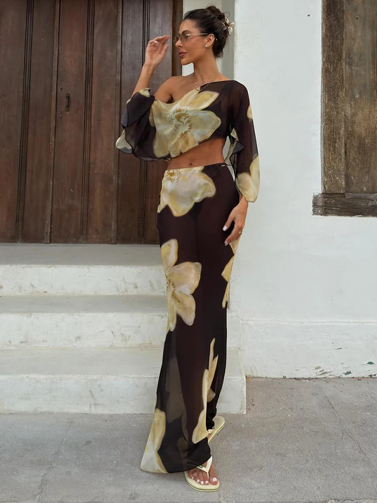 Strano gatto stampa floreale set da 2 pezzi vedere attraverso donna colletto obliquo manica intera crop top + gonne abbinate abiti eleganti per le vacanze