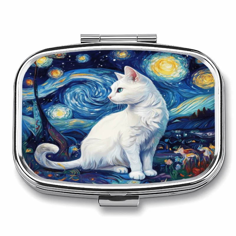 Star and Moon Design with Cat Sitting Posture, Rectangular/Round Portable Storage Box, Three-Compartment/Two-Compartment Metal Pill Box, Compact and Portable, Both Decorative and Practical, Can Hold Vitamins.