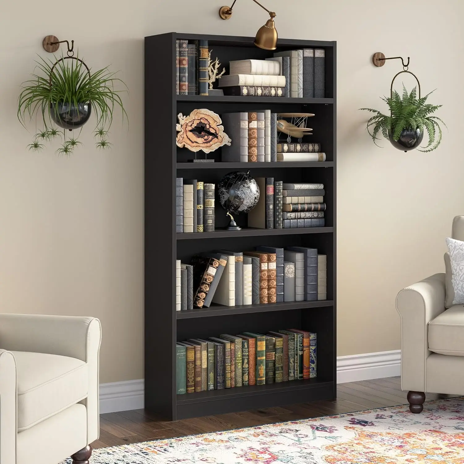 5 Shelf Bookcase in Black, Vertical Storage and Display Bookshelf for Home Office or Living Room