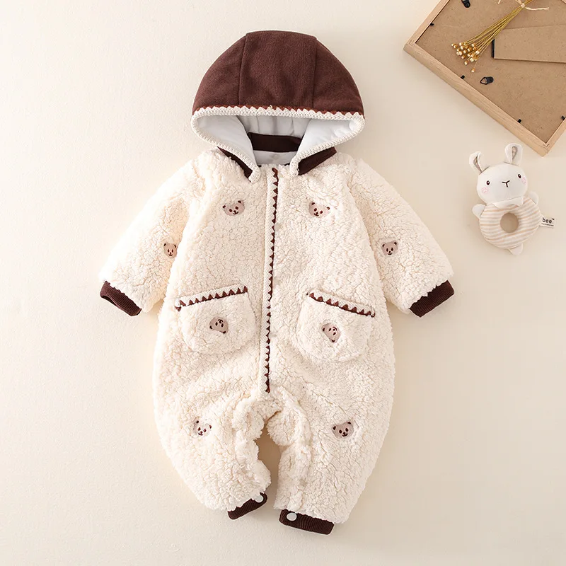 

Jenny&Dave Baby clothes for autumn and winter, thickened men's and women's baby outdoor wear, hooded plush insulation jumpsuit,