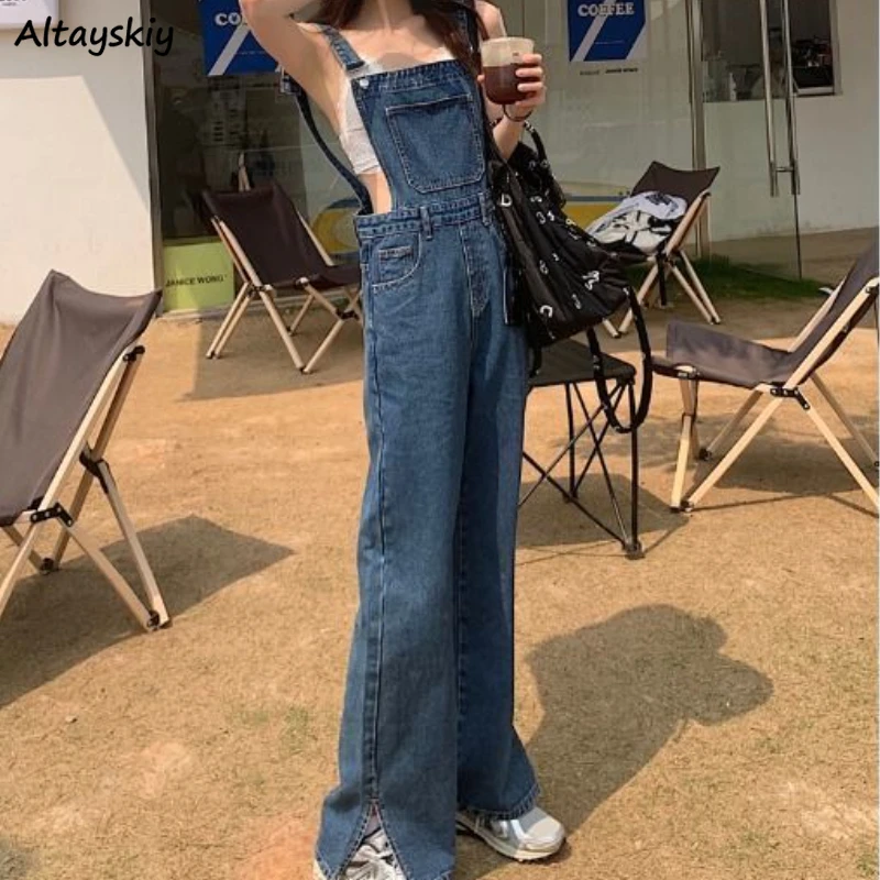 

Denim Jumpsuits Women Summer Vintage Side-slit Tender High Waist Fashion Washed Students Ulzzang Holiday Pure Straight Trousers