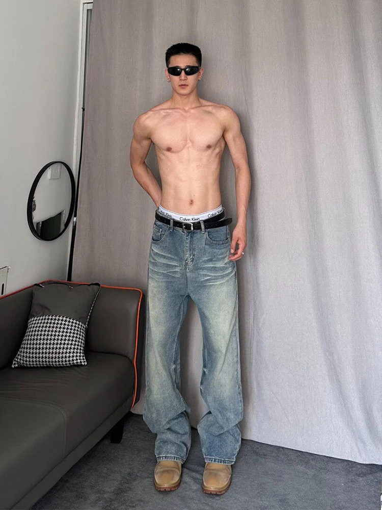 

Cleanfit American Waed Blue Straight Leg Men's Jeans Fitn Casual Loose Long Pants mid Waist Zipper Closure Wear Resistant