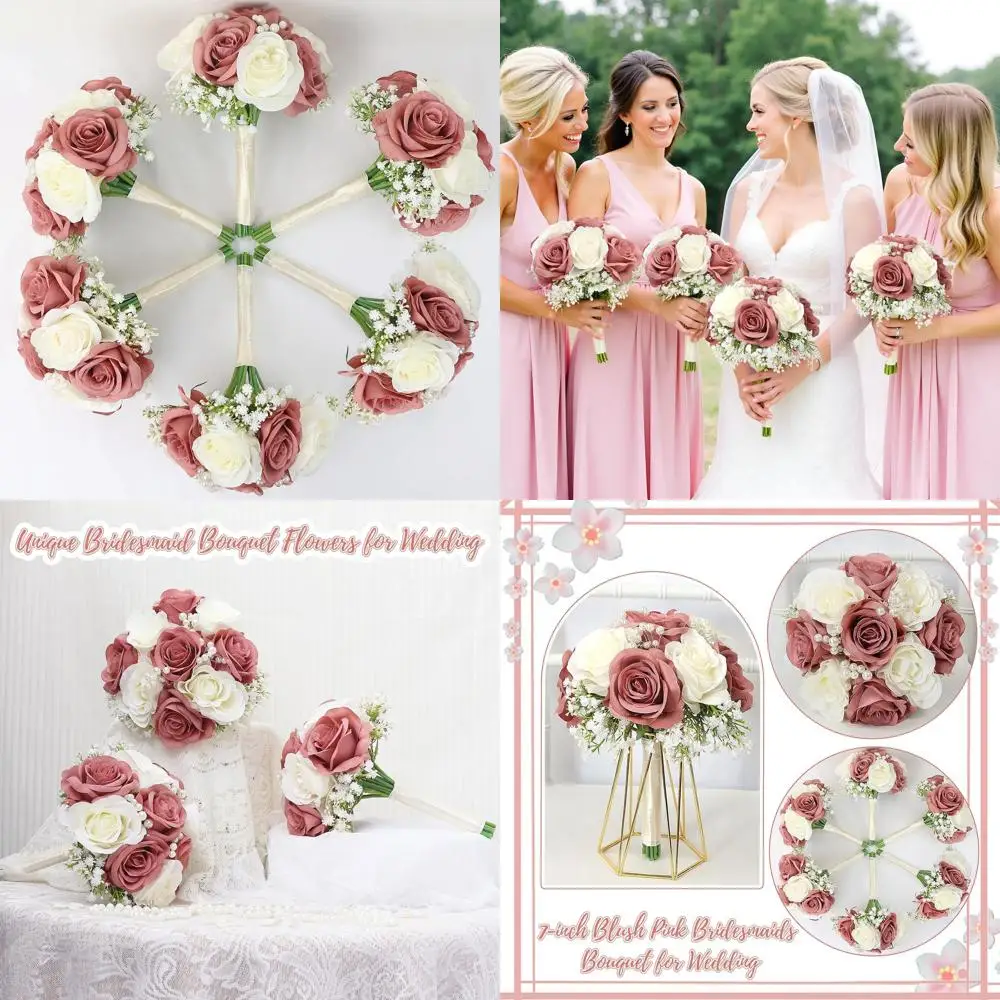 

Набор из 6 искусственных букетов подружки невесты, 7-дюймовые цветочные композиции в деревенском стиле с жемчугом, пыльно-розовый и белый для свадьбы, Proposa
