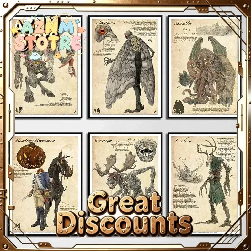 Cryptods Folk Cthulhu Mothman Krampus Headless Rider Canvas Painting Posters and Prints Wall Art For Living Room Decoration ﻿