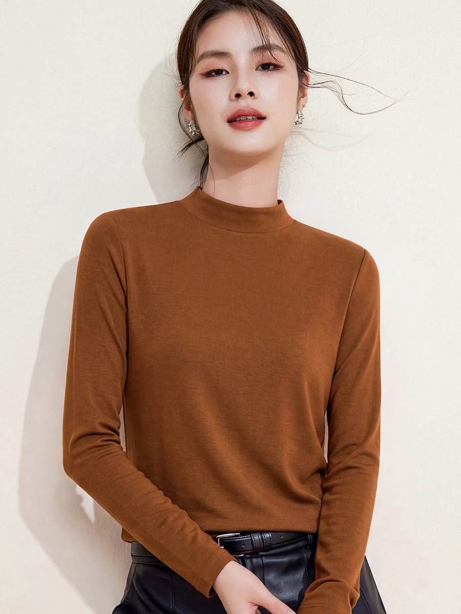 2026 Fall Winter Women Merino Wool Mock Neck Long Sleeve Tee Slim Fit Basic Elegant Versatile Undershirt Tops Shirts for Women