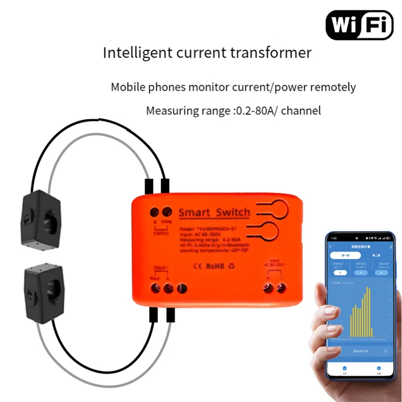 

Stylish-Tuya Smart 85-250 В Wi-Fi 2-канальный зажим с мониторингом тока/напряжения/энергии 80A умный счетчик энергии для Alexa Alice