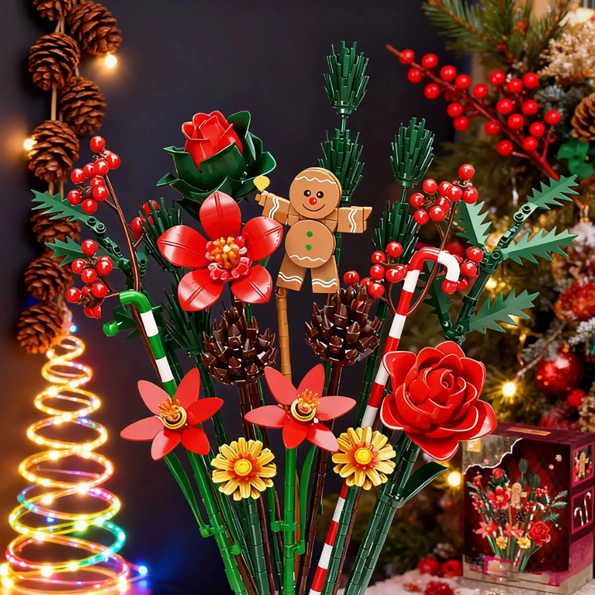 

865 шт., рождественский букет пряничного человечка, строительные блоки, искусственный ботанический цветок, кирпичи, игрушки для детей и взрослых, рождественские подарки