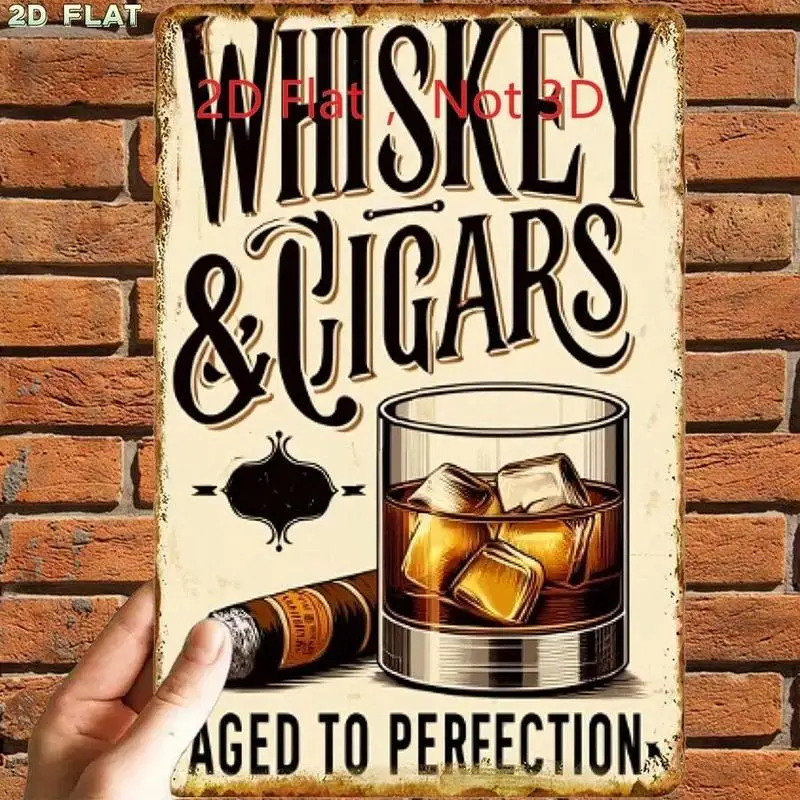 Vintage Whiskey & Cigars Aged To Perfection 2D Printed Tin Sign, 20*30cm Aluminum Retro Metal Wall Plaque Decor For Bar Pub Man