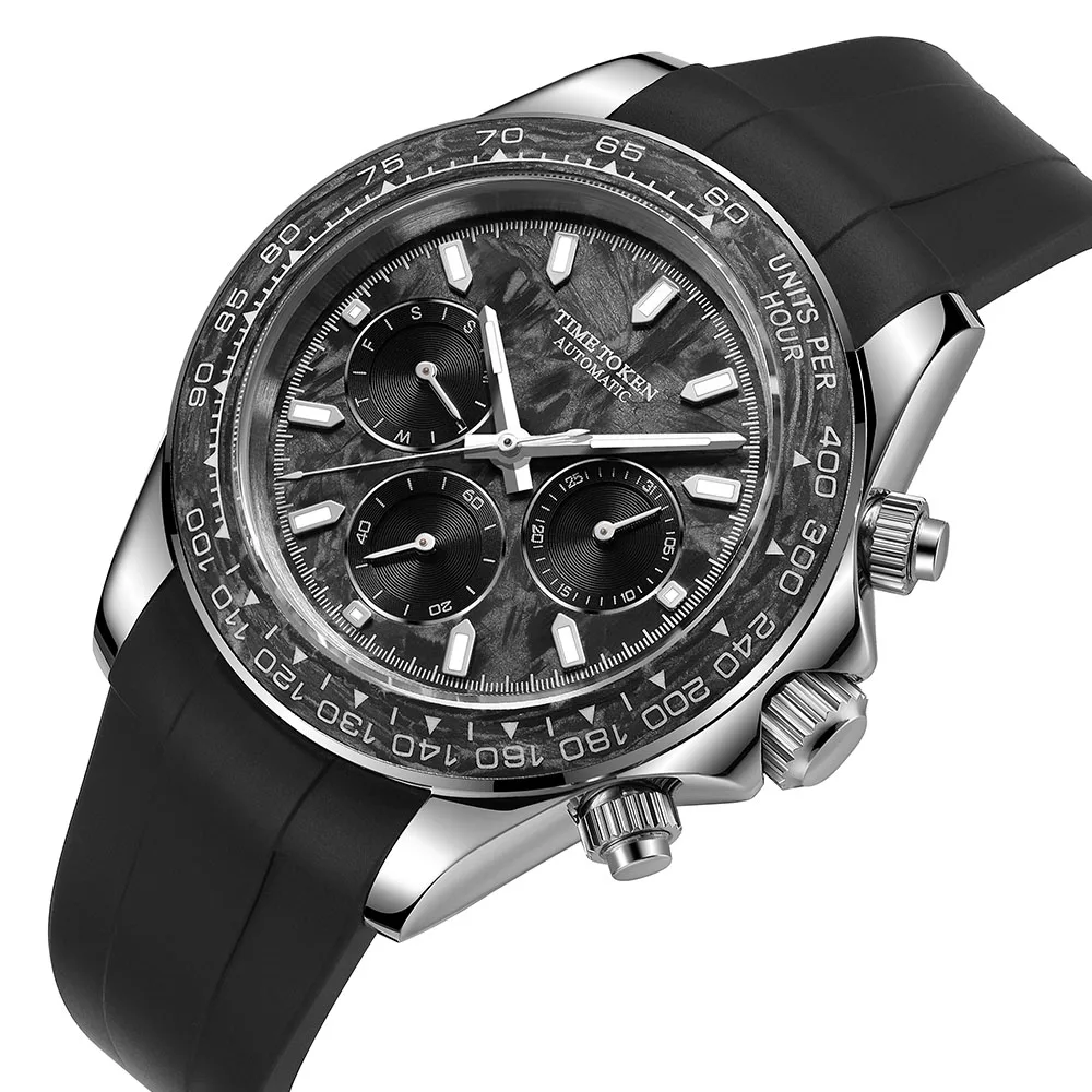 TIME TOKEN 2025 40mm Men's Carbon Automatic Mechanical Watch Luxury 100m Waterproof Diver with Calendar And Week Function