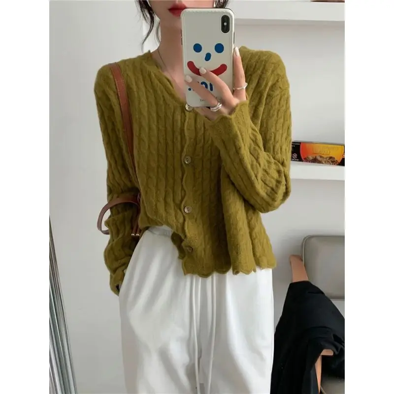 

Bobbing knitted outer sweater female 2022 spring and autumn new loose long sleeve o neck temperamental solid sweater cardigan