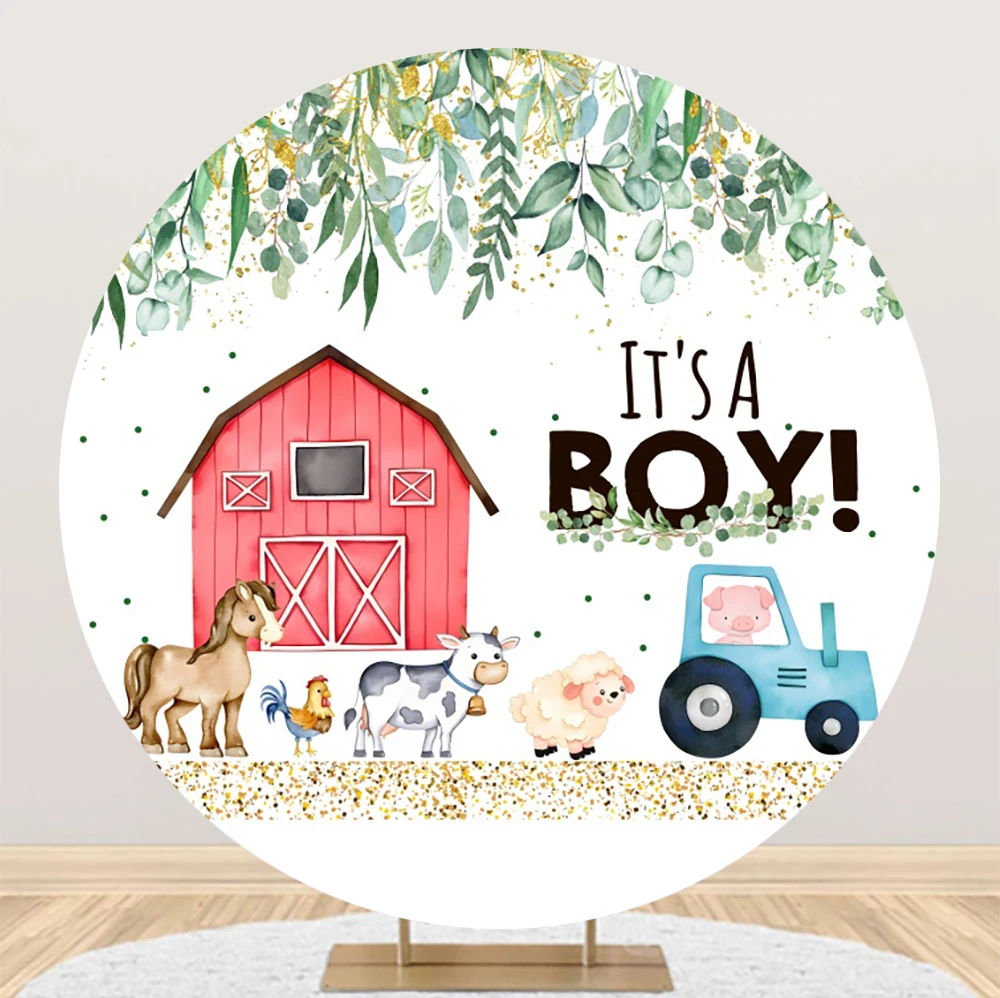 Laeacco Farm Red Barn Round Backdrop Kids Birthday Party Decor Cartoon Animals Tractors Baby Portrait Photography Background