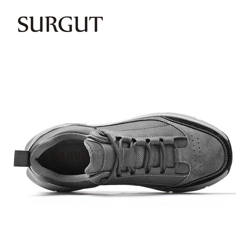 SURGUT Men Casual Quality Leather Lightweight Breathable Cushioning Running Shoes Men Comfortable Anti-Skid Thick Bottom Shoes