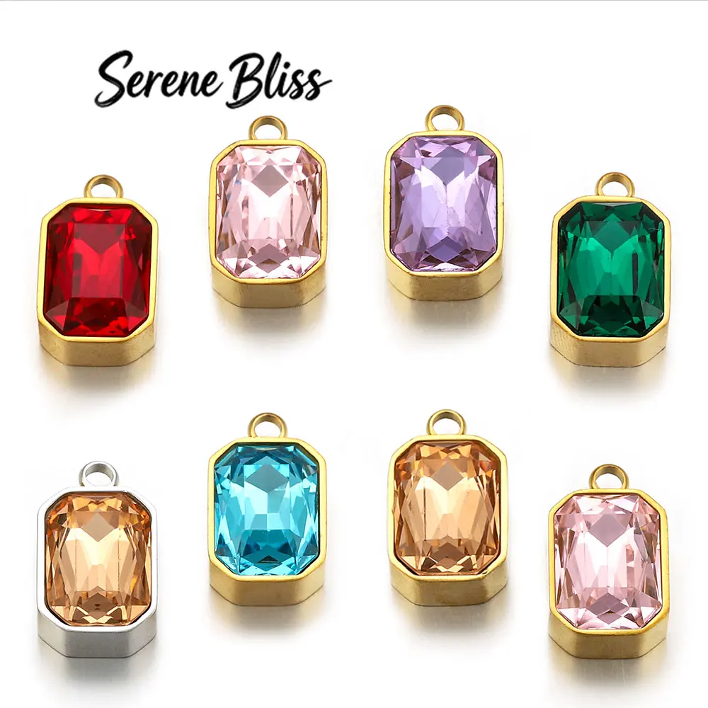 2pcs Stainless Steel Glass Charms Pendant Rectangular DIY Women Earrings Necklaces Jewelry Making Multicolor Accessory Wholesale