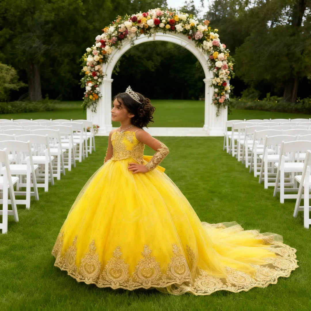 فستان بناتي أنيق أصفر فاتح بأكمام طويلة من الدانتيل من التول فستان سهرة مخصص لحفلات الأطفال