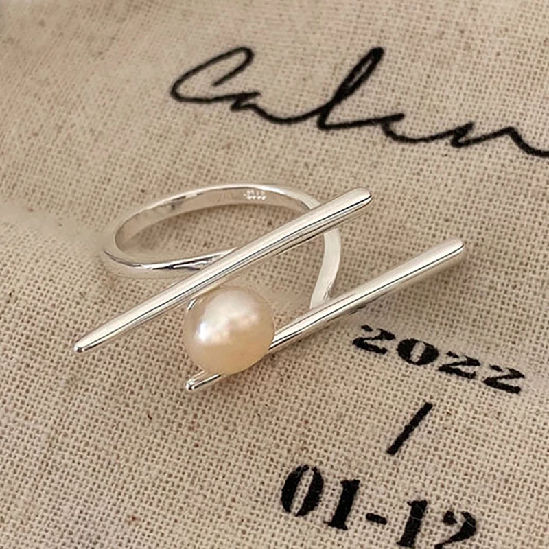 New Fashion 925 Sterling Silver Pearl Rings for Women Couples Creative Simple Geometric Handmade Birthday Party Jewelry Gifts