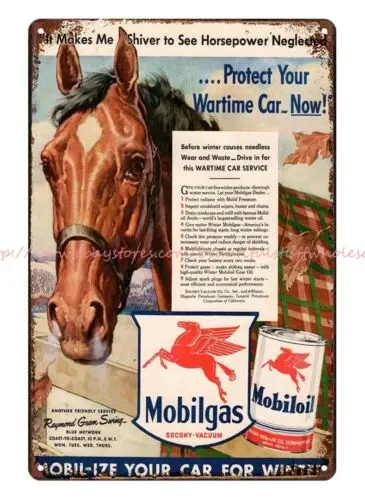 retro tin signs 1942 WWII MOBIL oil gas wartime Gasoline Horse metal tin sign