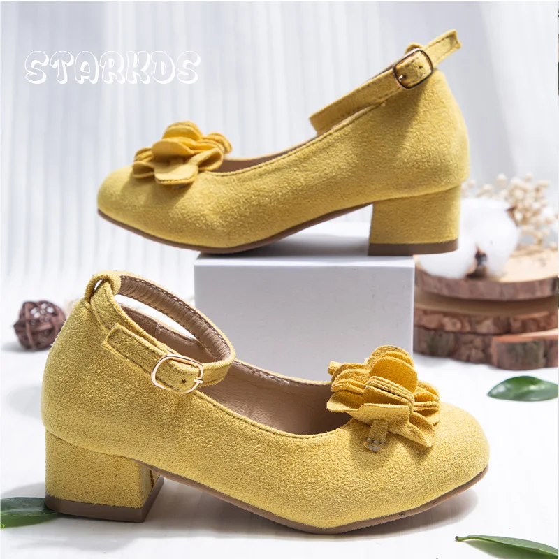 Yellow Flower Dance Shoes For Kid Girls Round Toe Low Heel Soft Microfiber Pump Zapatos With Ankle Buckle Strap