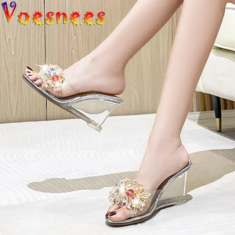 Woman Shoe 8CM Summer Wedge Sandals 2022 Design Color Bead Flower Transparent Heels Women Crystal String Rhinesto Bead Slippers