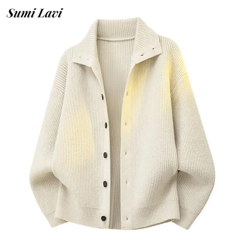 2026 Fall Winter Knitting Coats Mens Trendy Stand Collar Button-up Long Sleeve Tops Vintage Solid Color Knit Shirt Tops Men