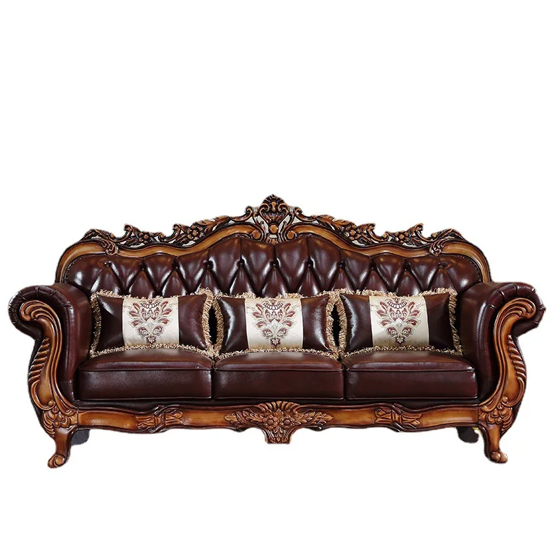 

European leather sofa combination American solid wood carving flower sofa top leather sofa