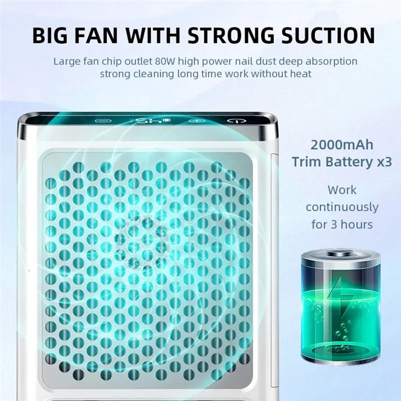 A62K Powerful Nail Vacuum Cleaner Rechargeable Nail Dust Collector Nail Extractor Fan for Manicure Salon Tools EU Plug