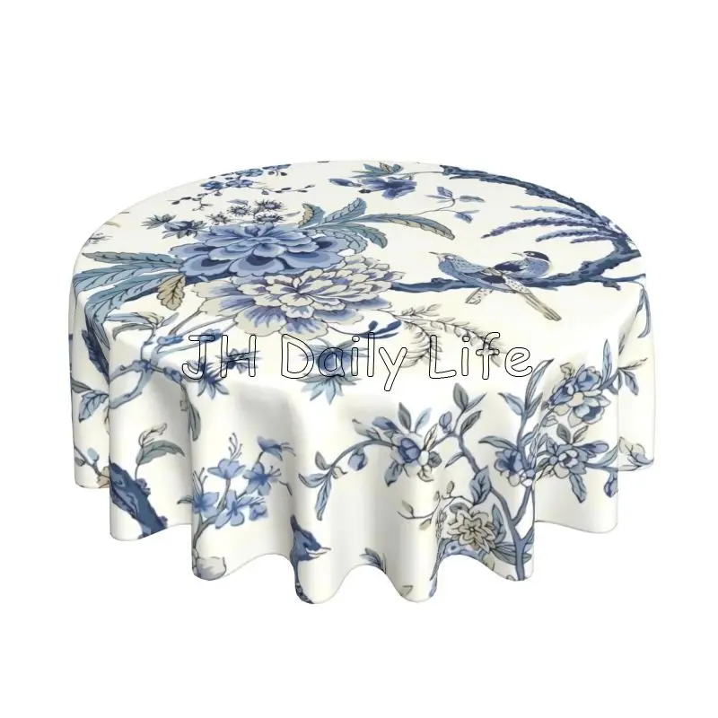 Chinoiserie Tablecloth 60 Inch Blue and White Outdoor Bule Birds Flowers Table Cloth for Party Picnic Tabletop Dining Room
