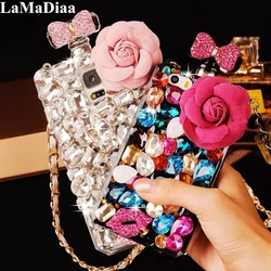 Luxury DIY Diamond Flower Perfume Bottle with Chain Lanyard Case for Samsung Galaxy, S23 Ultra, S22, S24, S25, Note20, Colorful