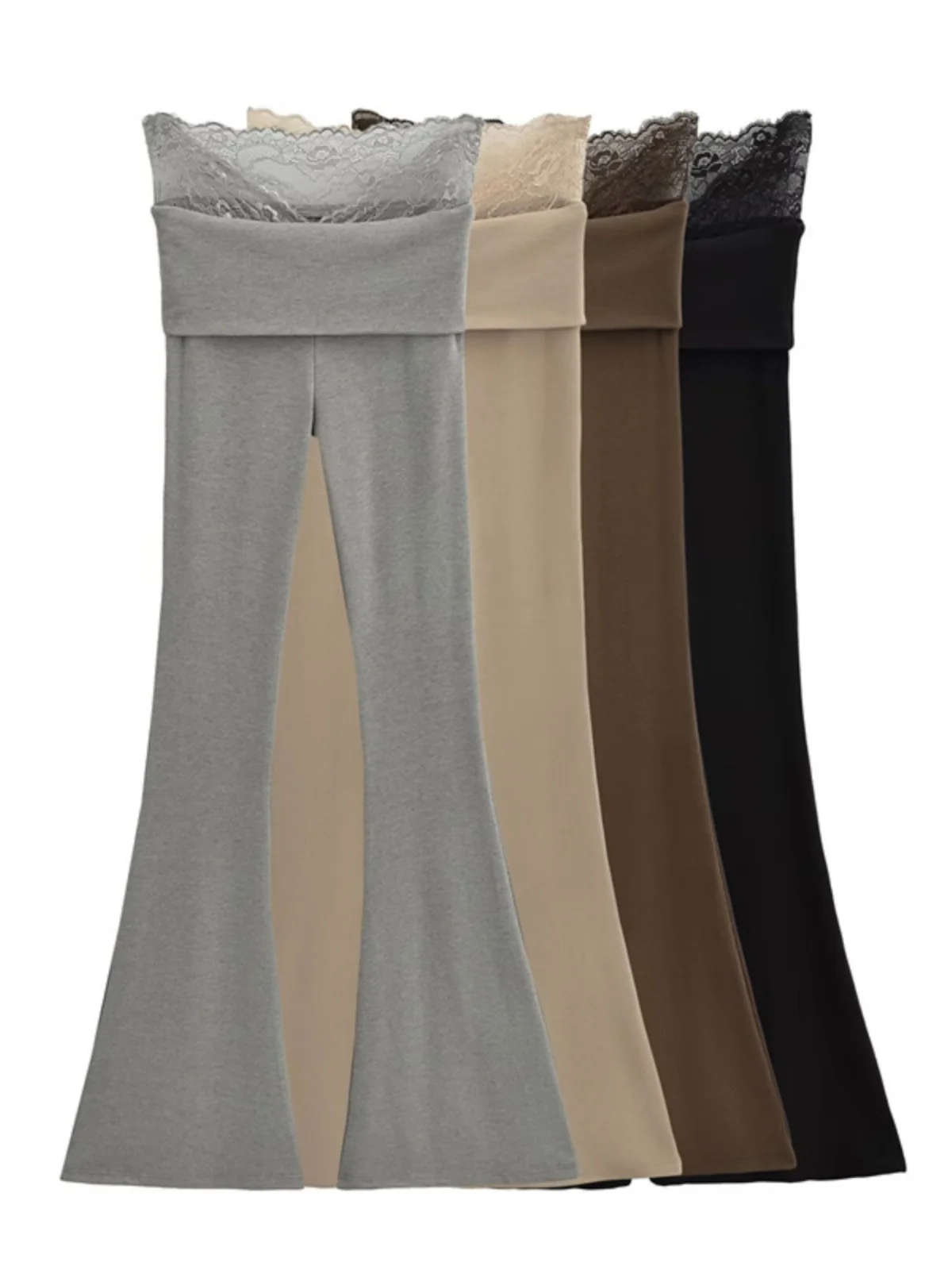 กางเกงขายาวทรงบานเอวสูงผ้าลูกไม้ผสมผสานดีไซน์วี ทรงสลิม ผ้าพลิ้ว สไตล์ลำลอง แฟชั่นสำหรับผู้หญิง