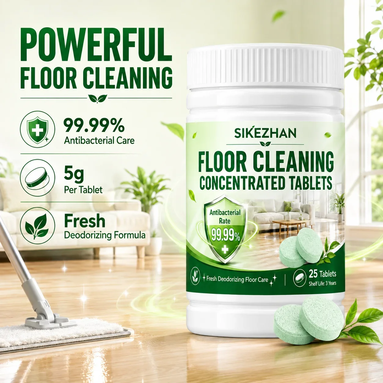 Floor Cleaning Tablets 25pcs, Concentrated Mop Cleaner, Antibacterial Deodorizing Floor Care for Kitchen Bathroom Wood Tile Home