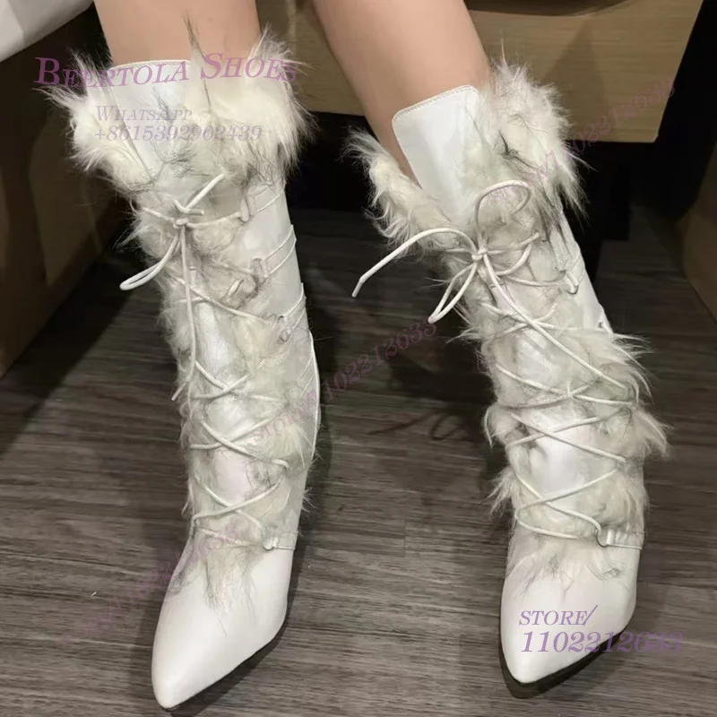 White Leather Velvet Feather Design Lace-Up Boots Women Pointed Toe Stiletto Calf Leather Spring Casual Color Ruffle Girl Shoes