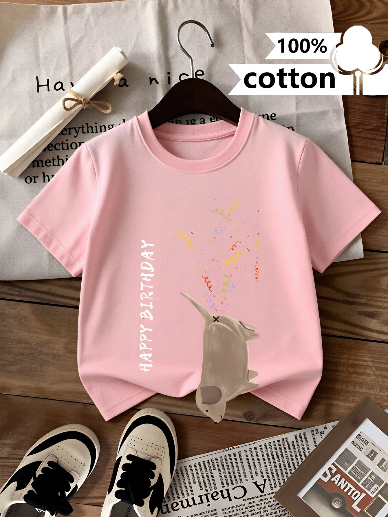 Happy Birthday Dog Paper Chips Pattern Kids Round Neck Short Sleeve Summer T-Shirt Fashionable Parent Clothing