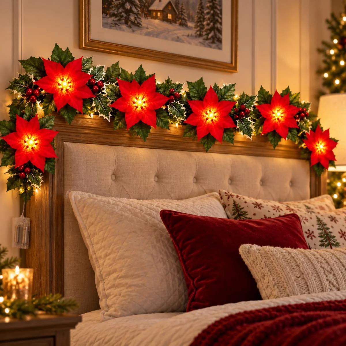 1pc Christmas Poinsettia Wreath String Lights 10/20 LED Artificial Flower Berry Fairy Light for Home Indoor Holiday Xmas Decor