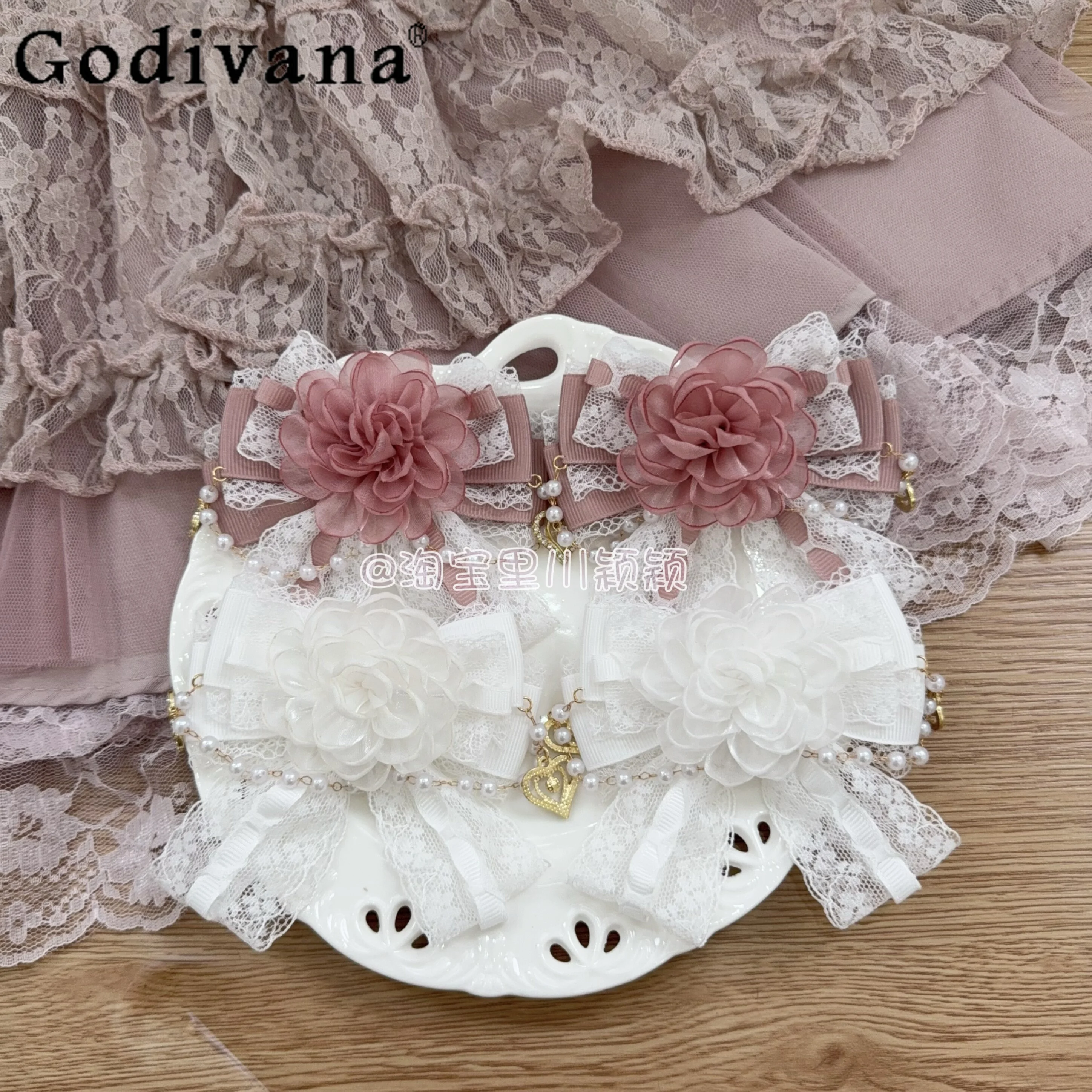 日本製の可愛いパールローズボウヘアピン、大量生産のかわいい女の子向けカワイイロリータヘアクリップ、女性用プリンセスヘアアクセサリー