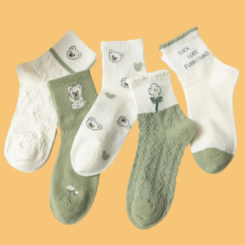 

5/10 Pairs Middle-tube Socks Autumn and Winter College Style Japanese Style All-match Green Sweet Student Socks Women's Socks