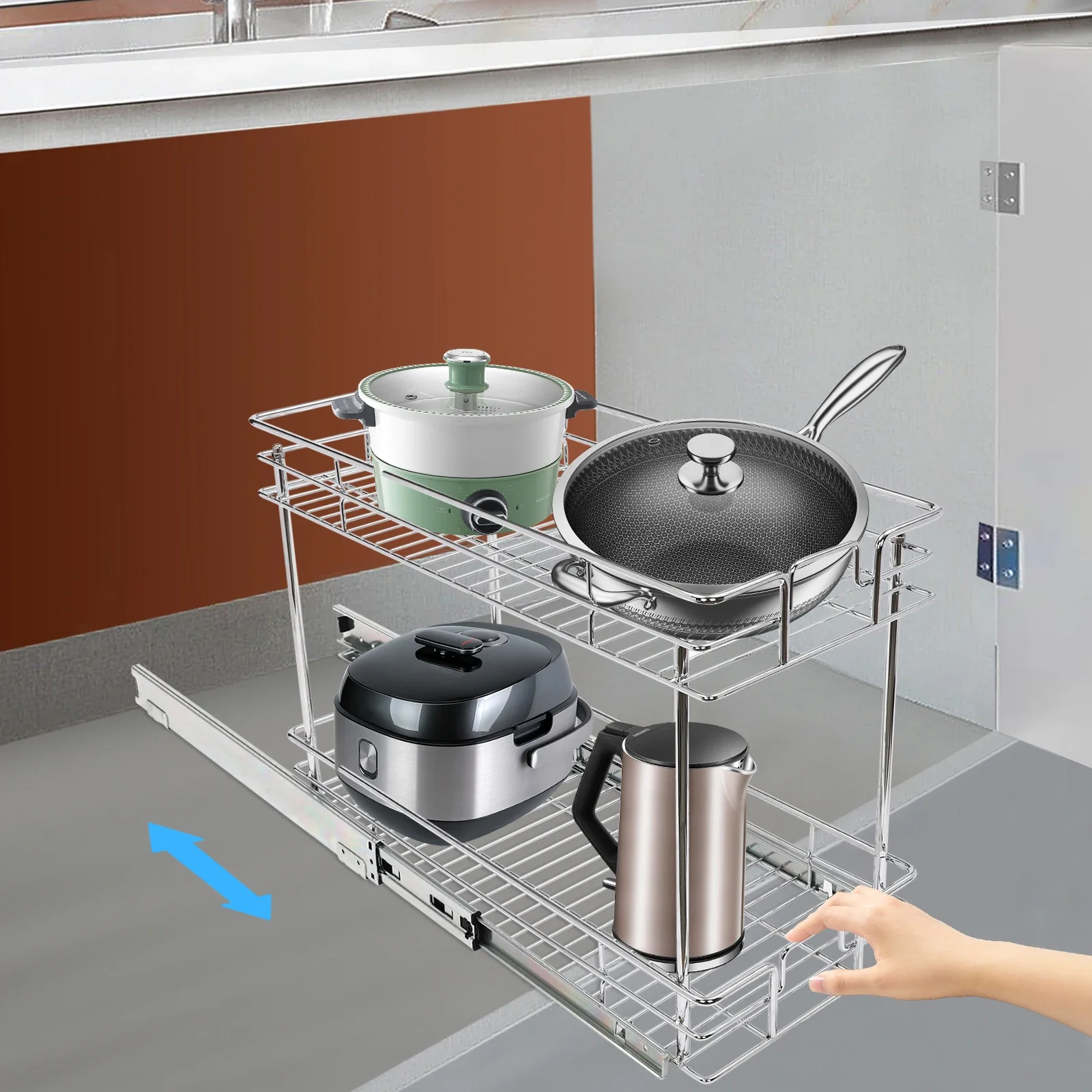 

Premium 2-Tier Slide-Out Organizer for Kitchen Cabinets – Sturdy Pull-Out Shelves for Easy Storage