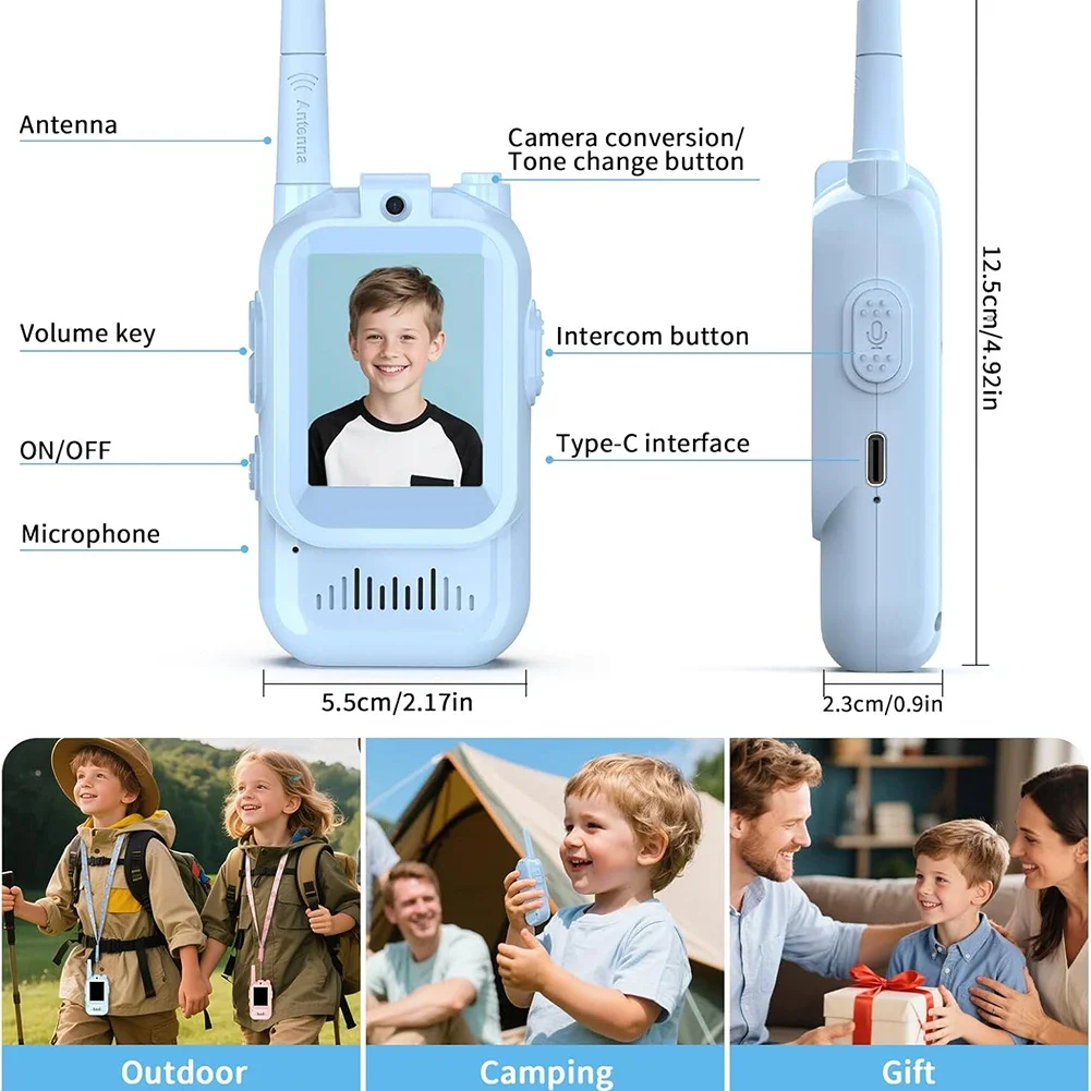 Mini walkie talkie de vídeo para crianças azul rosa bonito recarregável vídeo porteiro divertido trocador de voz com tela grande de 2.0 polegadas