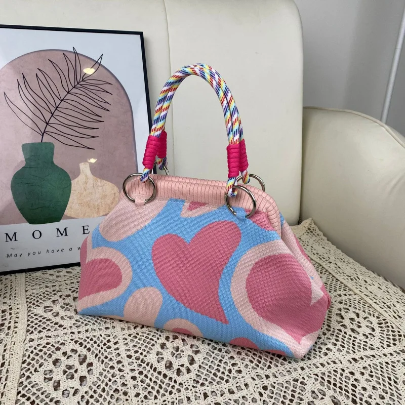 

Fashion Colorful Print Knit Women Handbag with Woven Handle, Cute Top Handle Purse for Lightweight Casual Daily Summer Outings