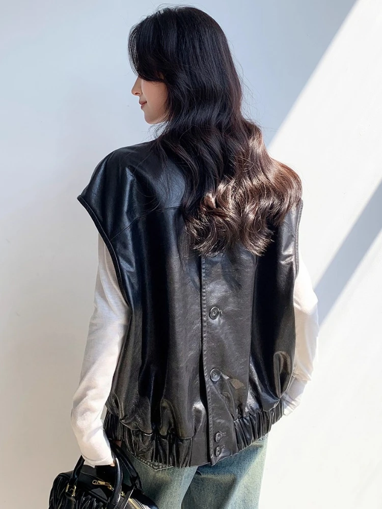 سترة دون أكمام من الجلد الطبيعي غير رسمية سترات نسائية لربيع وخريف 2025 معطف جديد عالي الجودة بسيط فضفاض ناعم أسود من جلد الغنم الحقيقي #6