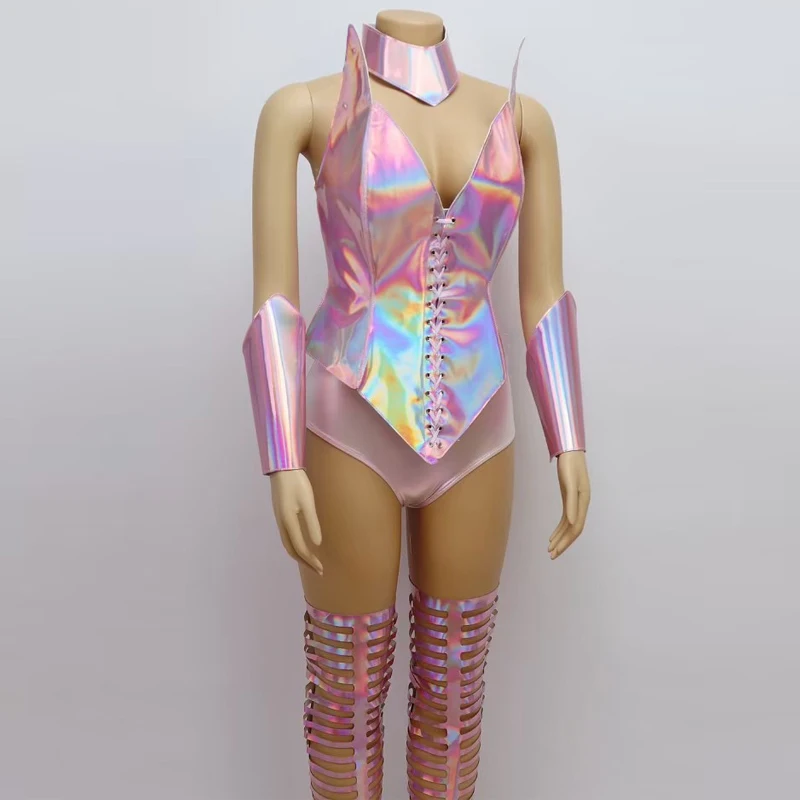 بار ملهى ليلي Dj Ds Gogo ملابس رقص النساء الوردي الليزر الساقين غطاء جوفاء مثير القطب الرقص الملابس الهذيان الزي المرحلة ارتداء XS8832