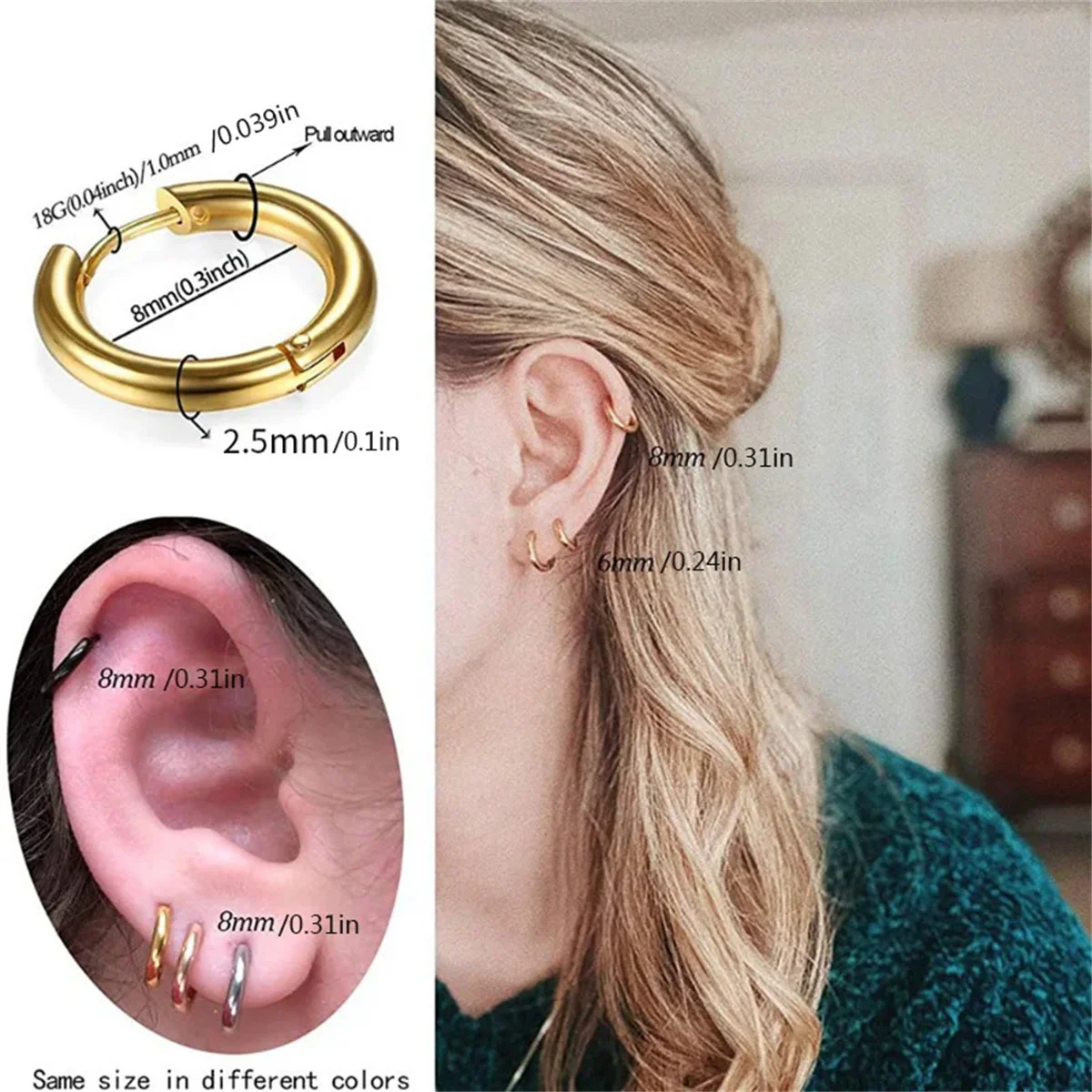 2/8Pcs Fashion Simplicity 316L Stainless Steel Small Hoop Earrings, Cartilage Tragus Conch Forward Helix Ear Piercing Jewelry