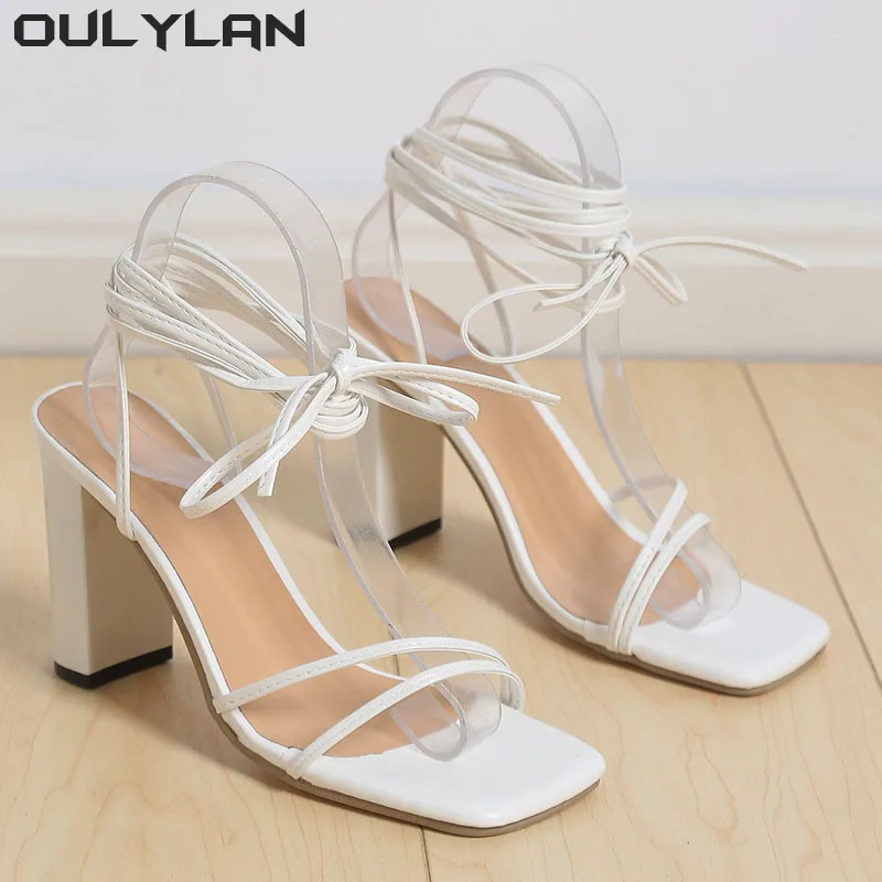 Oulylan 2024 Sexy Lace Up Party Pumps shoe Size 35-43 White Black Woman Ankle Strap Sandals Leather Cross-Tied High Heels Shoes