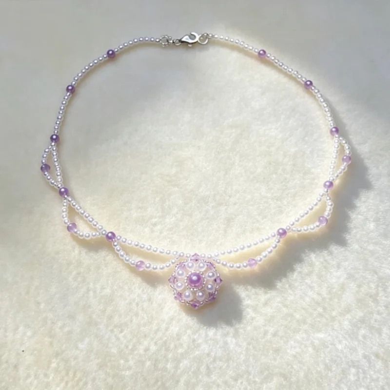 Purely Hand-Woven Lace Necklace, Pearl and Crystal Strings Threaded through the Lace, with a Hanging Geometric Snowflake-Shaped Pendant