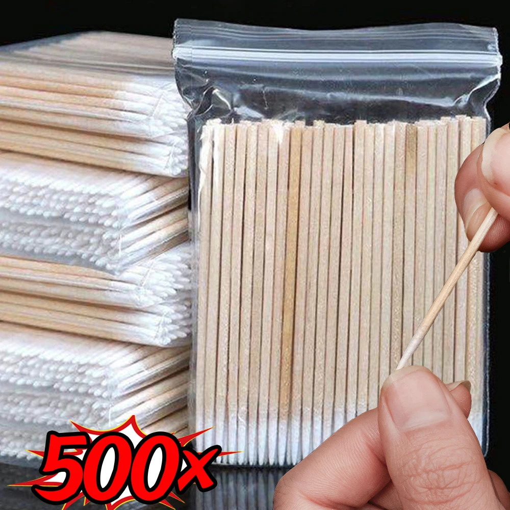 500PCS Short Wood Handle Small Pointed Tip Head Cotton Swab Eyebrow Tattoo Beauty Makeup Color Nail Seam Dedicated Dirty Picking