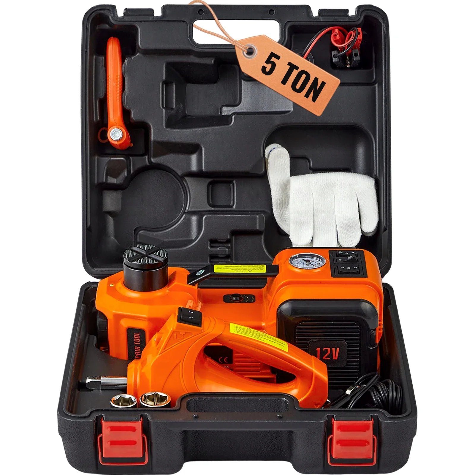 VEVOR 5T elektrische autokrik hydraulische krik met elektrische slagmoersleutel Ingebouwde opblaasbare pomp, LED-licht voor SUV Sedan Truck